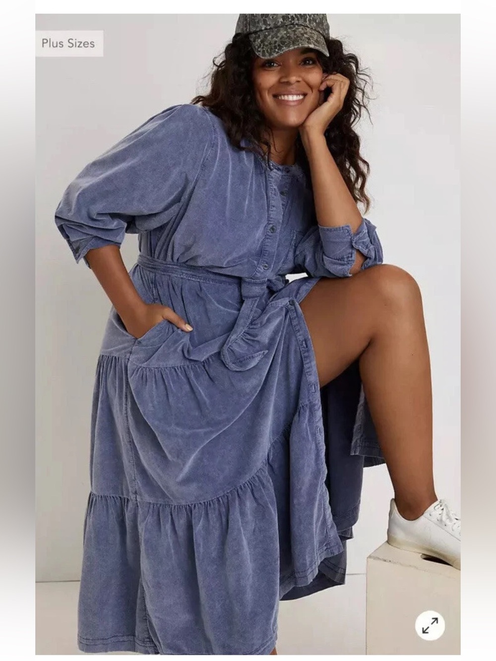 Anthropologie Pilcro Marta Tiered Corduroy Midi Dress | Medium | Blue Stripe